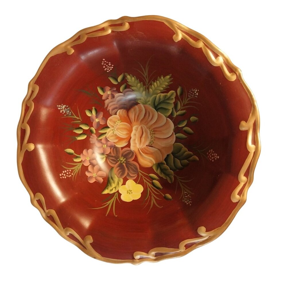 Maroon Tole Style Hand Painted Floral Ceramic Bowl